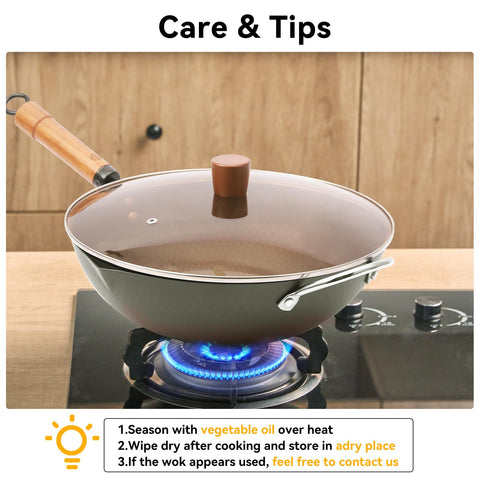 WANGYUANJI wok sized for 2–3 servings with easy cleaning reminder.