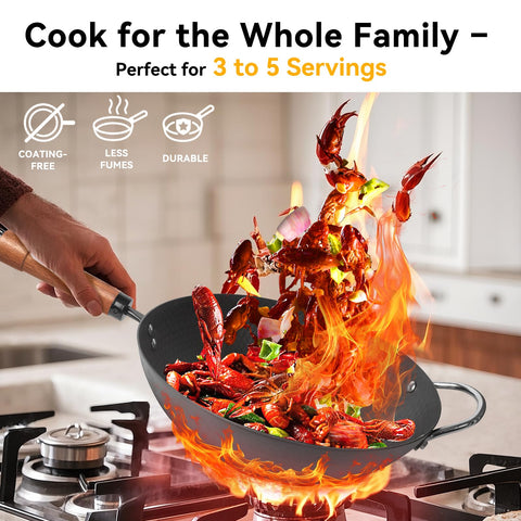 WANGYUANJI wok with detachable wooden handle for safe grip and easy storage.