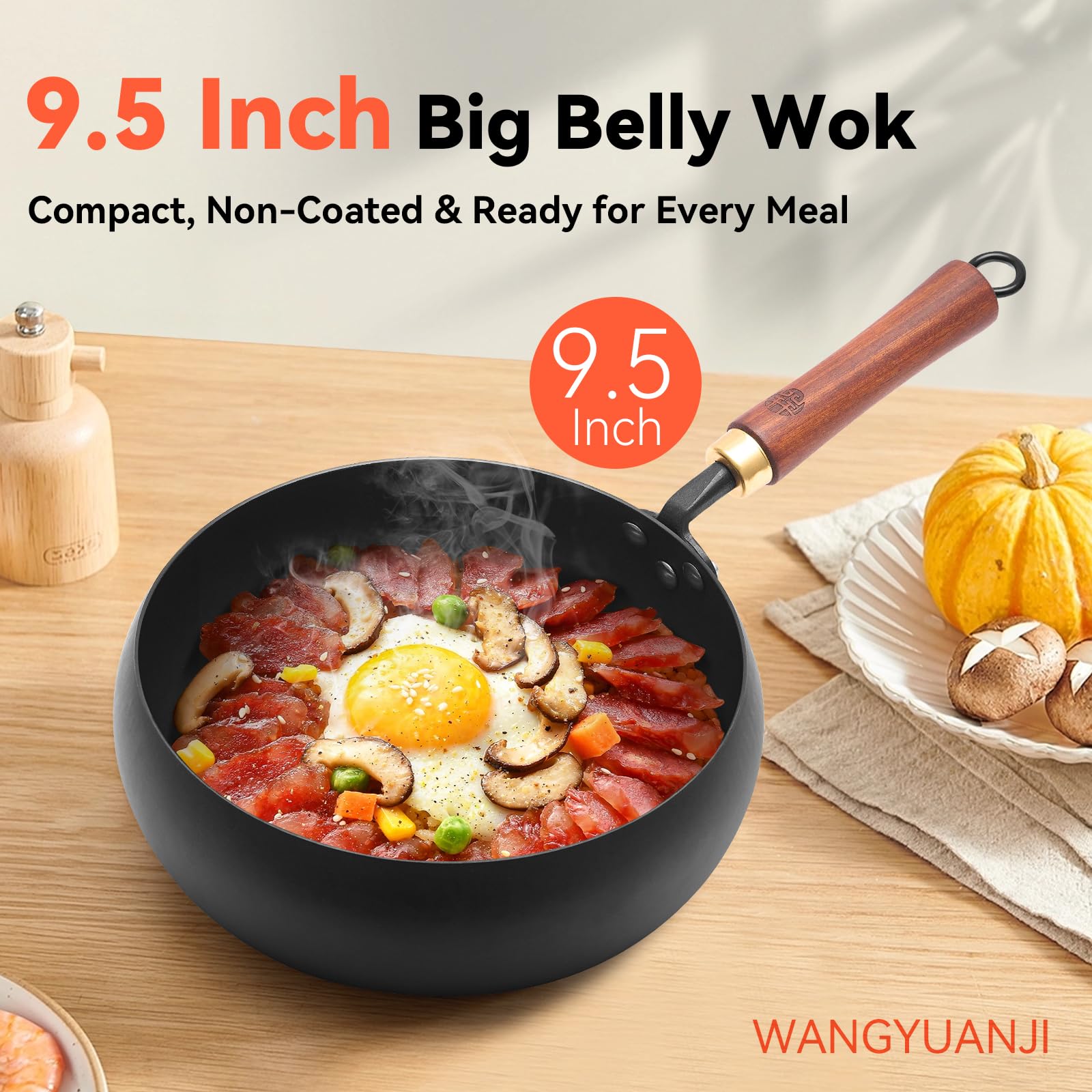 WANGYUANJI wok with detachable wooden handle offers easy storage and cleaning.