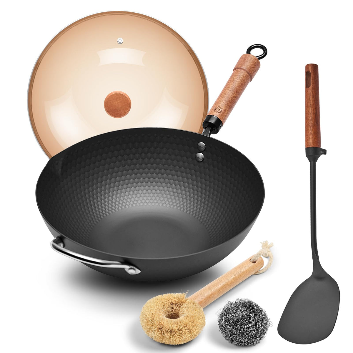 WANGYUANJI 12.6-inch wok with lid showing a steam vent for controlled cooking.