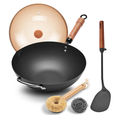 WANGYUANJI 12.6-inch wok with lid showing a steam vent for controlled cooking.