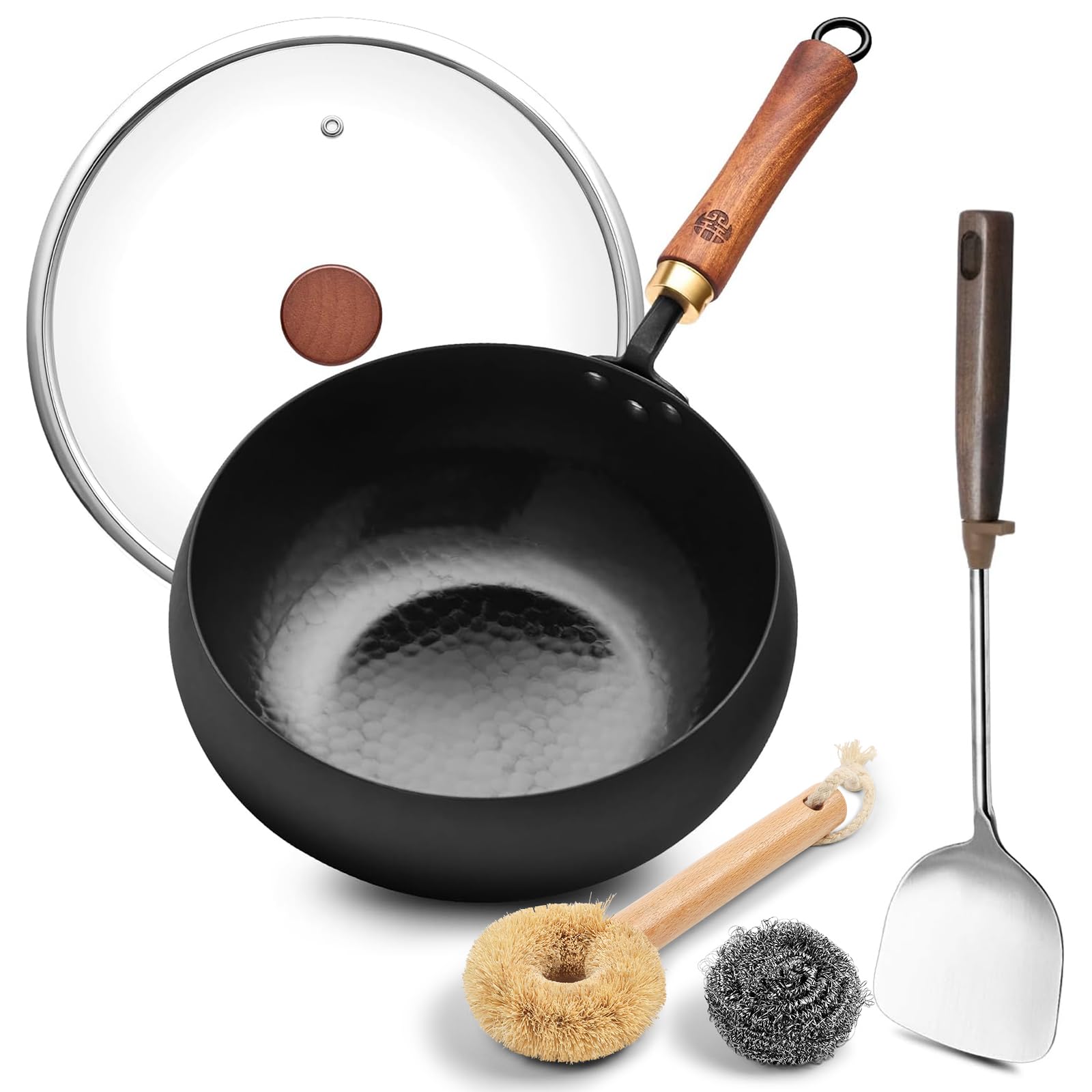 WANGYUANJI wrought-iron flat-bottom wok with solid base for stable cooking on any stove.