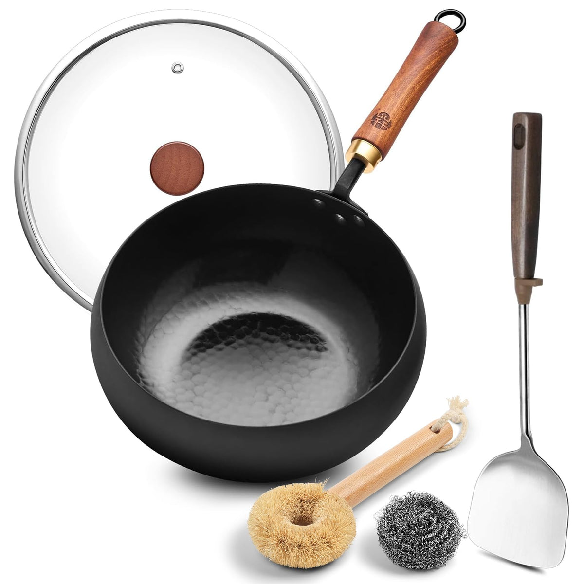 WANGYUANJI wrought-iron flat-bottom wok with solid base for stable cooking on any stove.