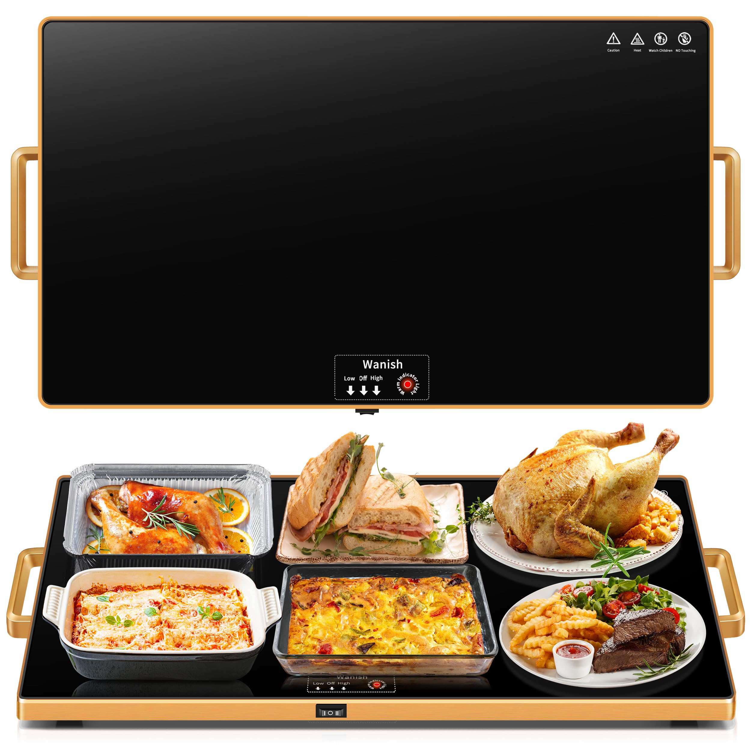 Wanish XXL warming tray front view keeps dishes warm for gatherings.