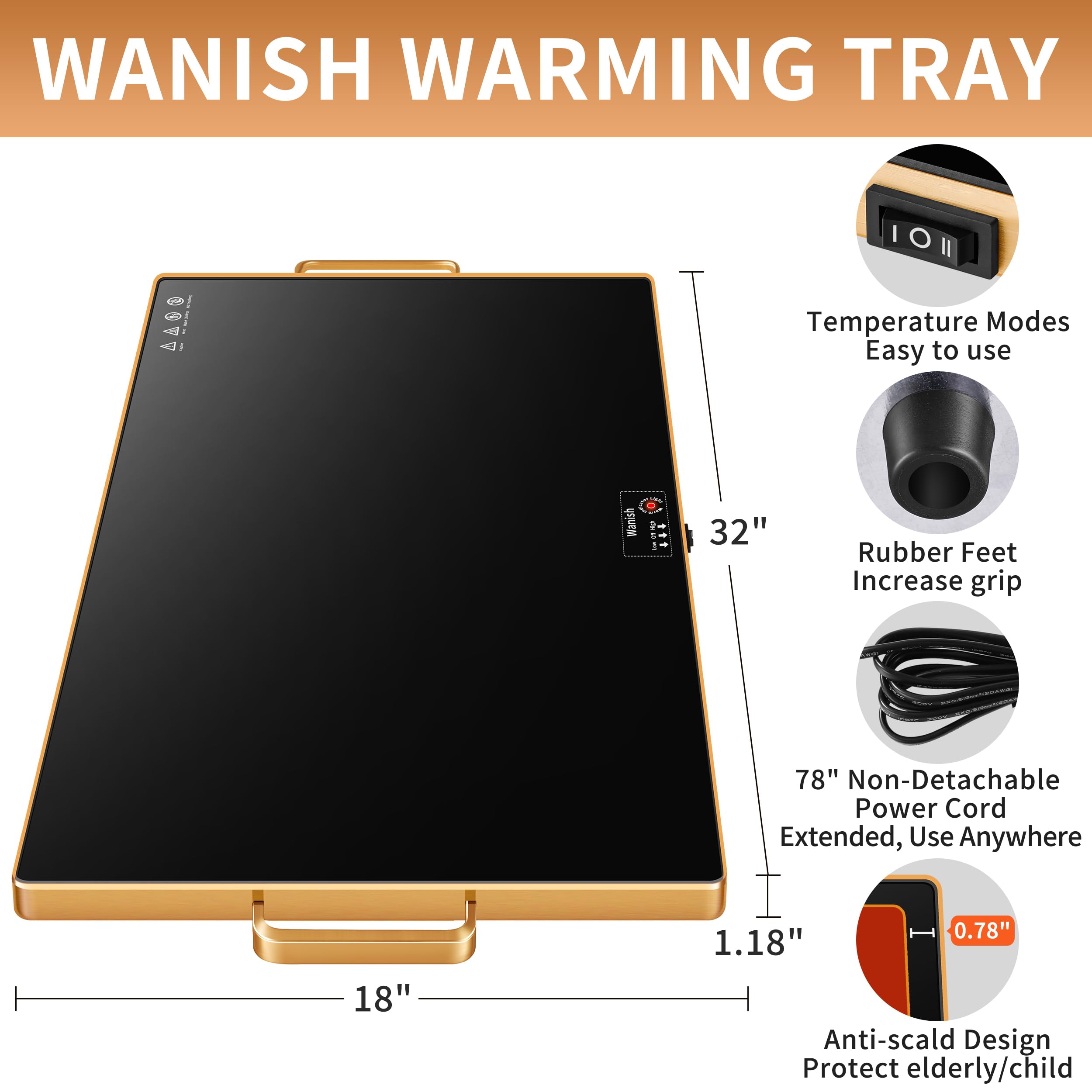 Wanish tempered glass surface with gold handles adds elegant anti-scald style.