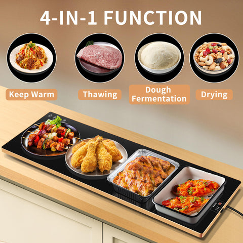 Black tempered glass warming tray with gold edges and plug‑and‑go design.