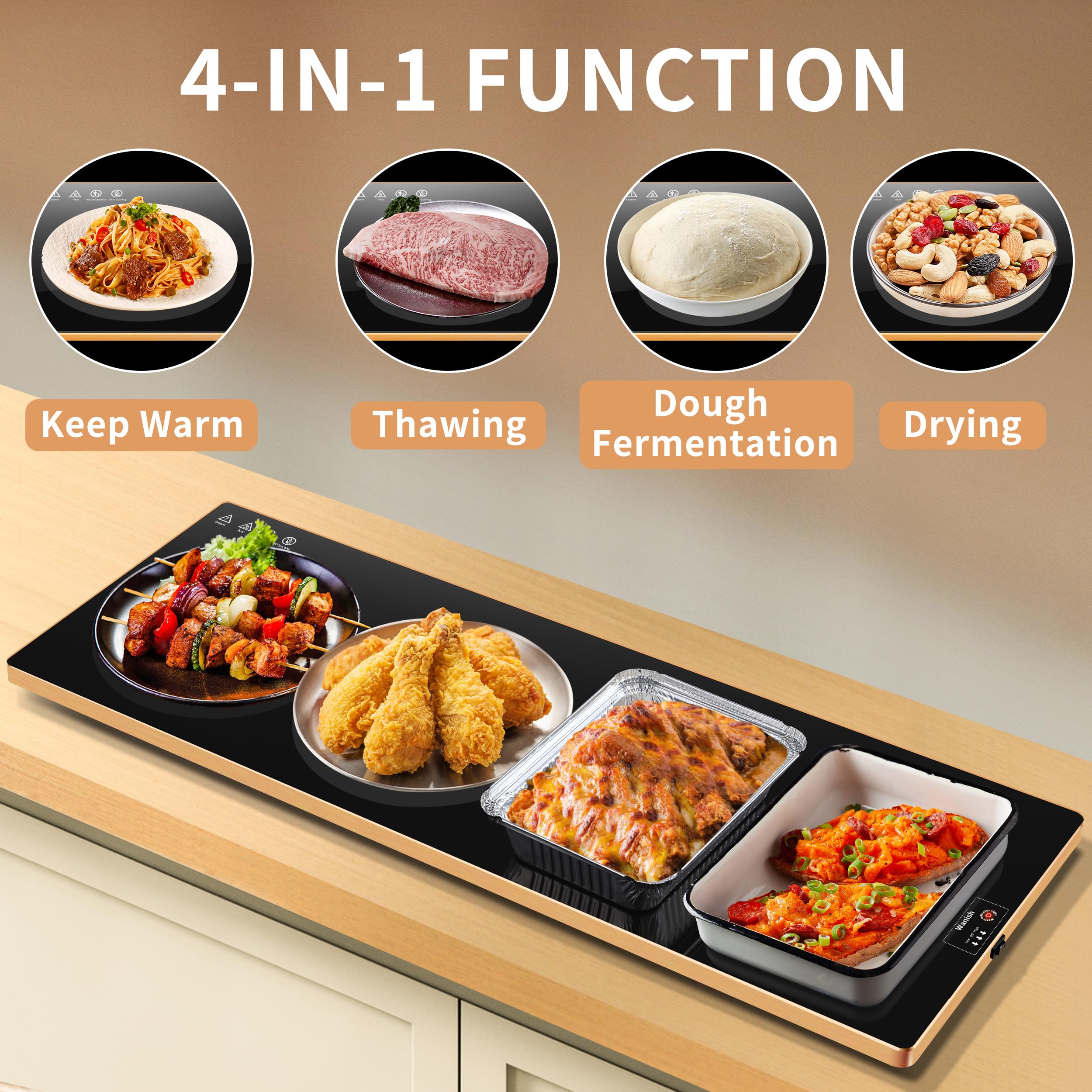 Wanish warming tray thermostat control panel close-up for precise heating.
