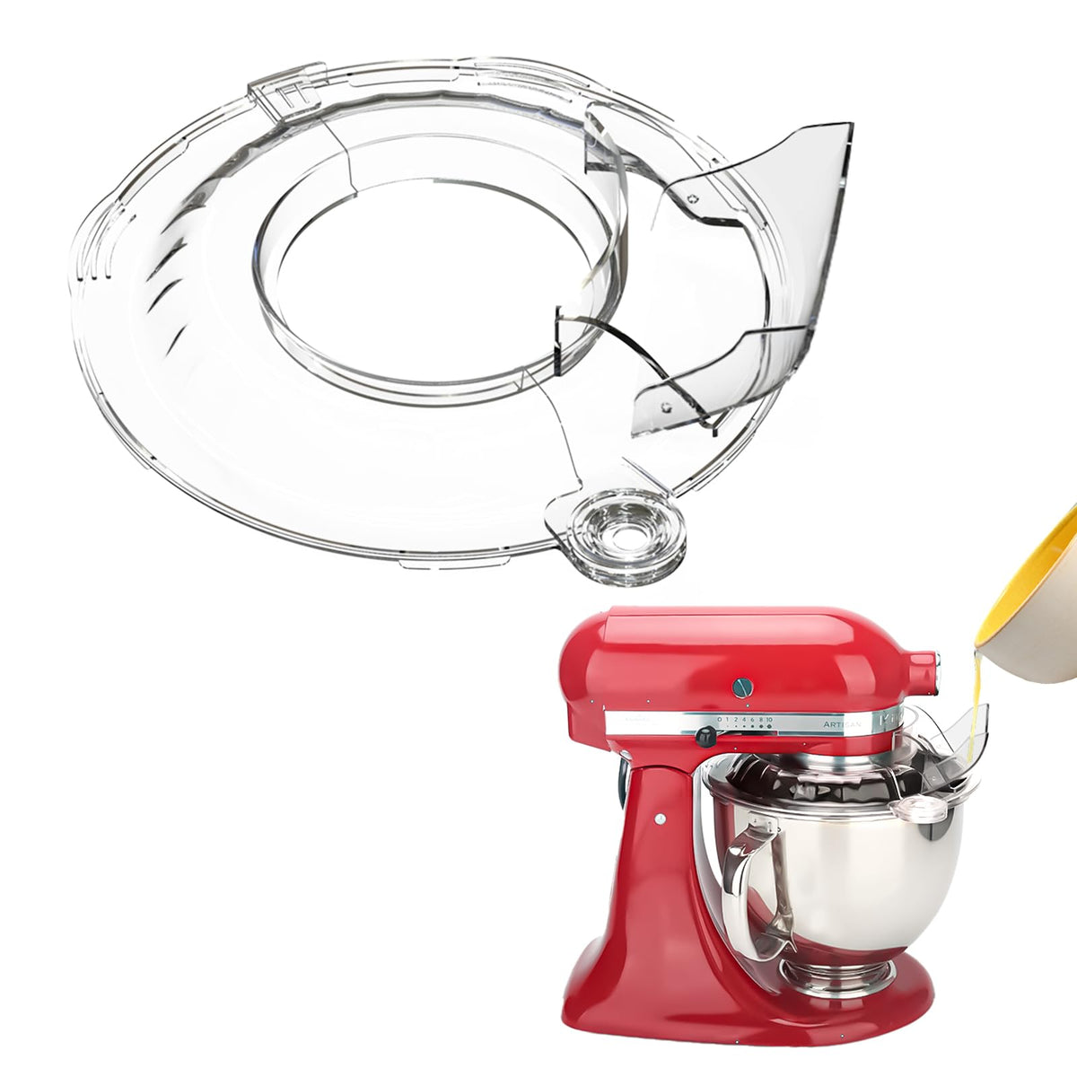 Wanyshapy pouring shield mounted on KitchenAid tilt-head for splash-free mixing.