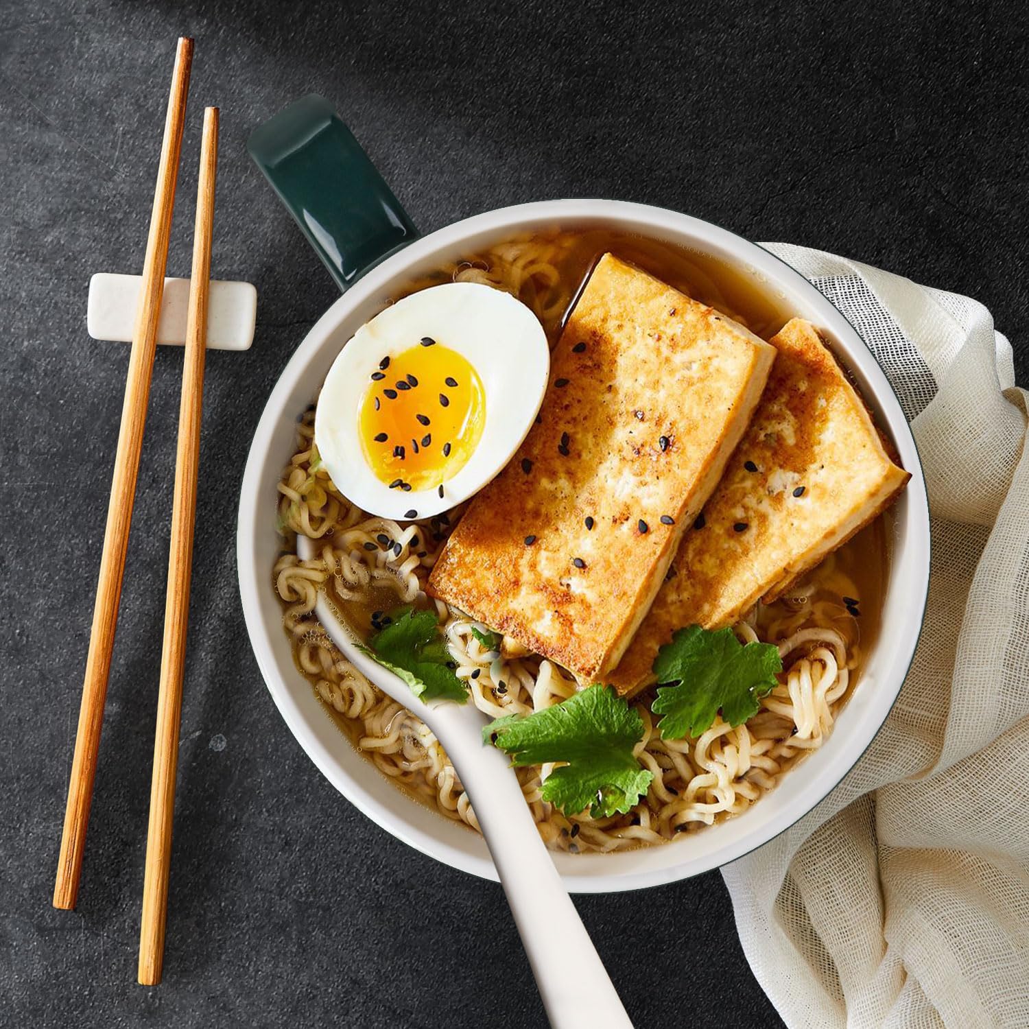 Wareland ramen bowl lid with vent button and time dial for storage.