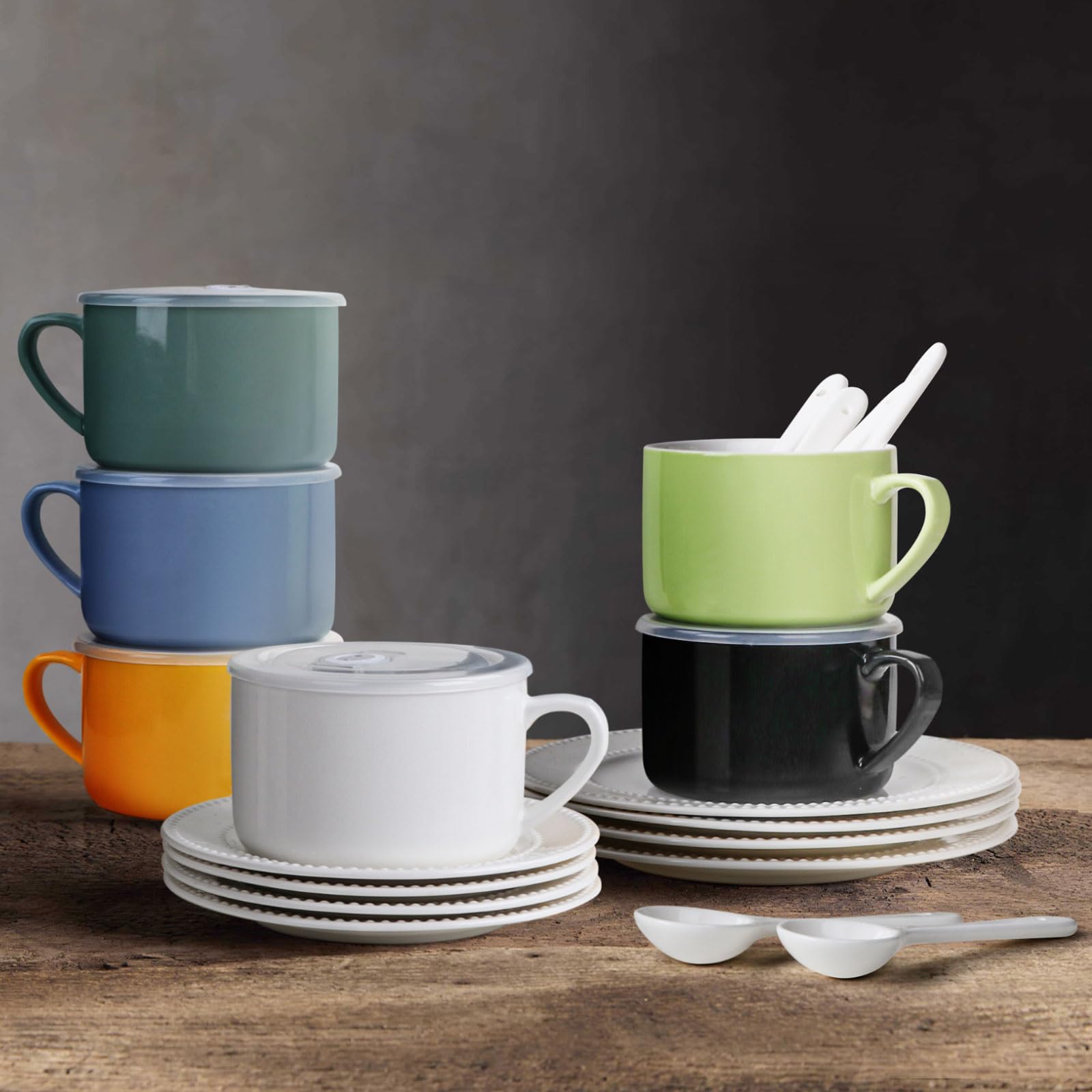Wareland soup bowls with spoons highlighting sturdy, comfortable handles.