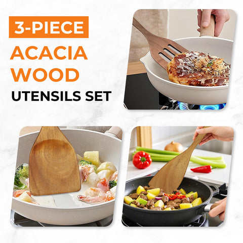 Warmkey acacia wood spatula set offers gentle flipping on nonstick surfaces.