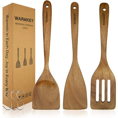 Warmkey acacia wood spatula set 3 with hanging holes for easy storage.
