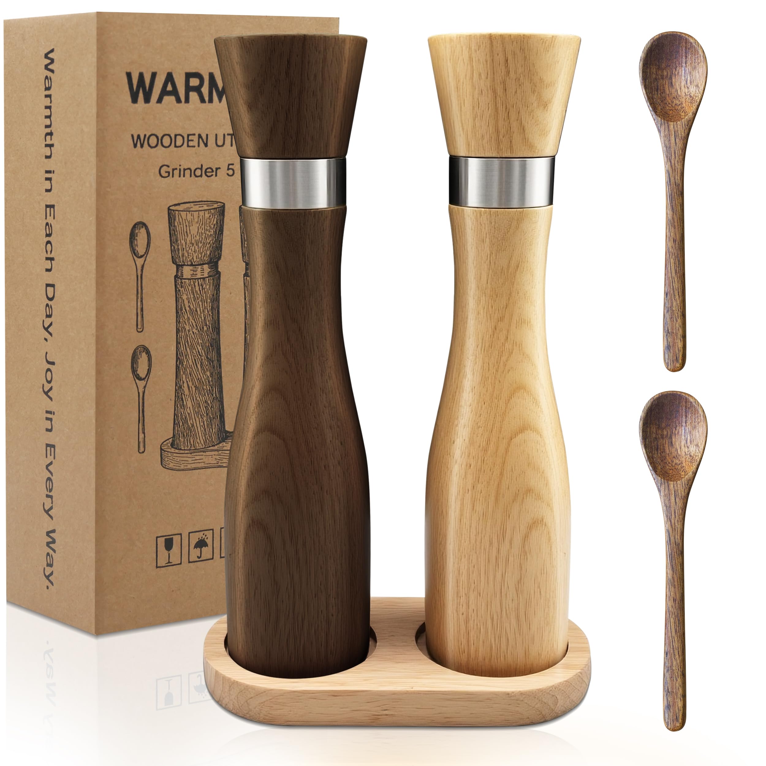 WarmKey salt and pepper grinders in beech wood with a natural finish for stylish seasoning.