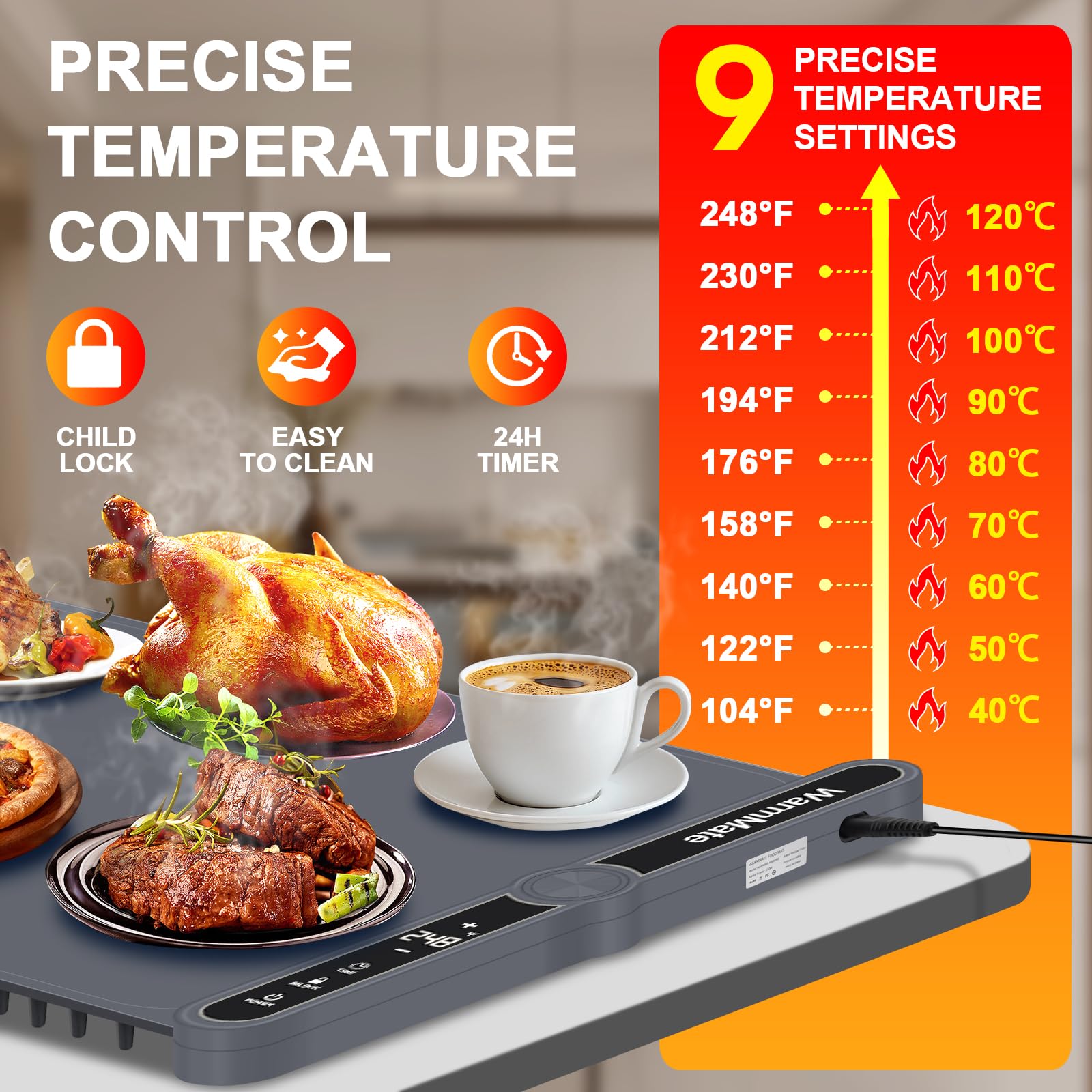 WarmMate 9-level temperature control for versatile warming options