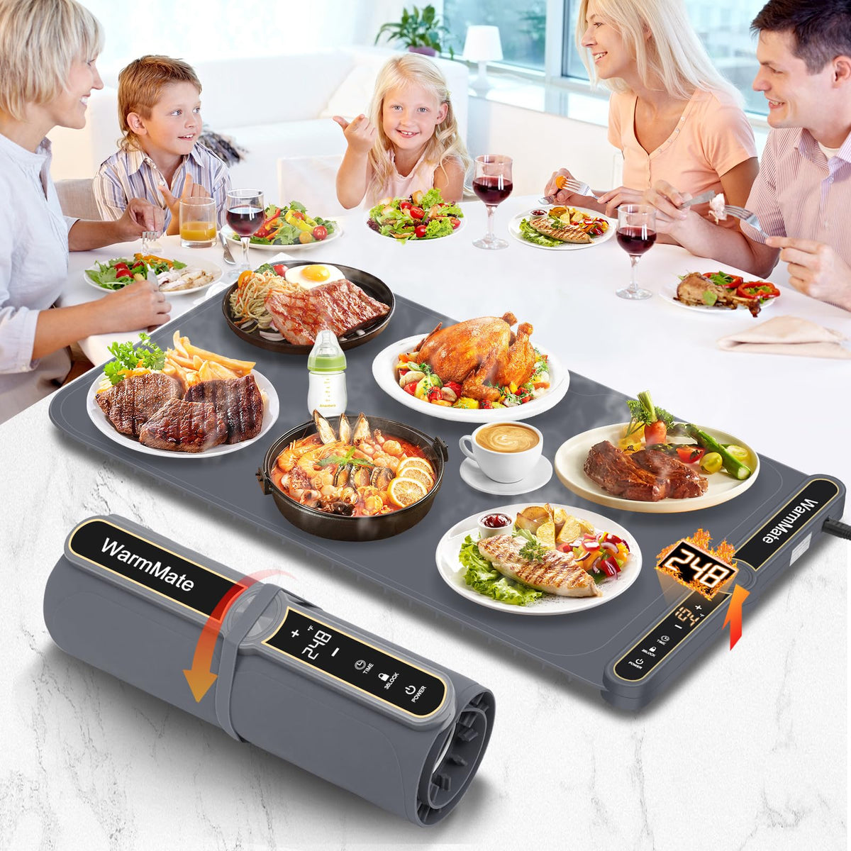 WarmMate Food Warming Mat showing 8-second heat across the surface for fast serving