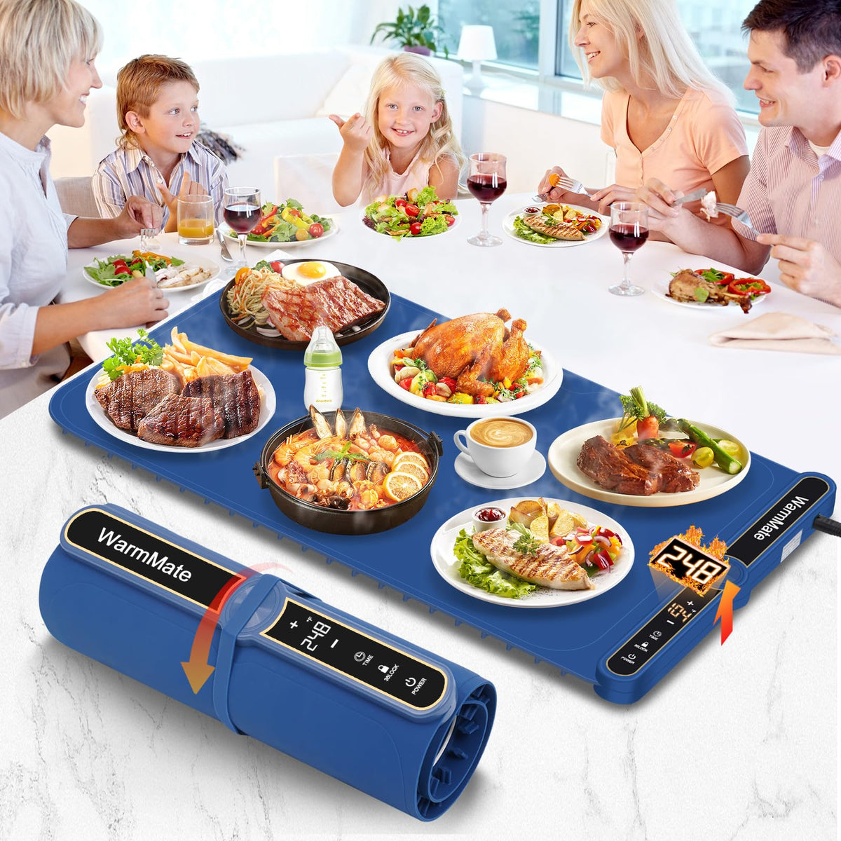 WarmMate food warming mat showing 8-second full-surface heat for quick serving.