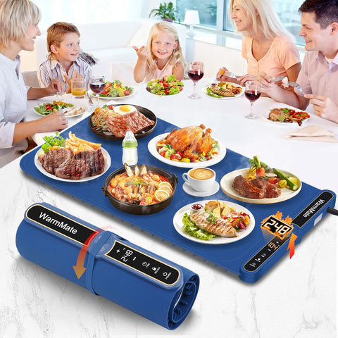 WarmMate food warming mat showing 8-second full-surface heat for quick serving.