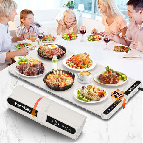 WarmMate food warming mat demonstrating full-surface heating for even warmth across dishes