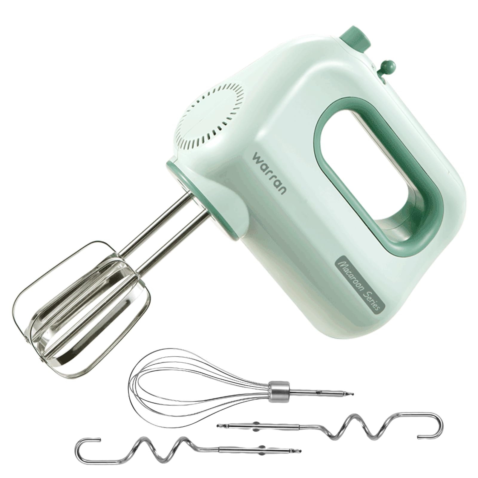 WARRAN 300W compact hand mixer in green, side view, easy storage and handling