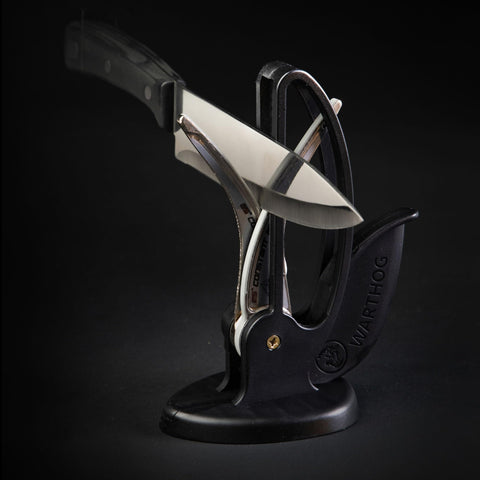 Warthog Sharpener in use at kitchen counter for on-the-go sharpening