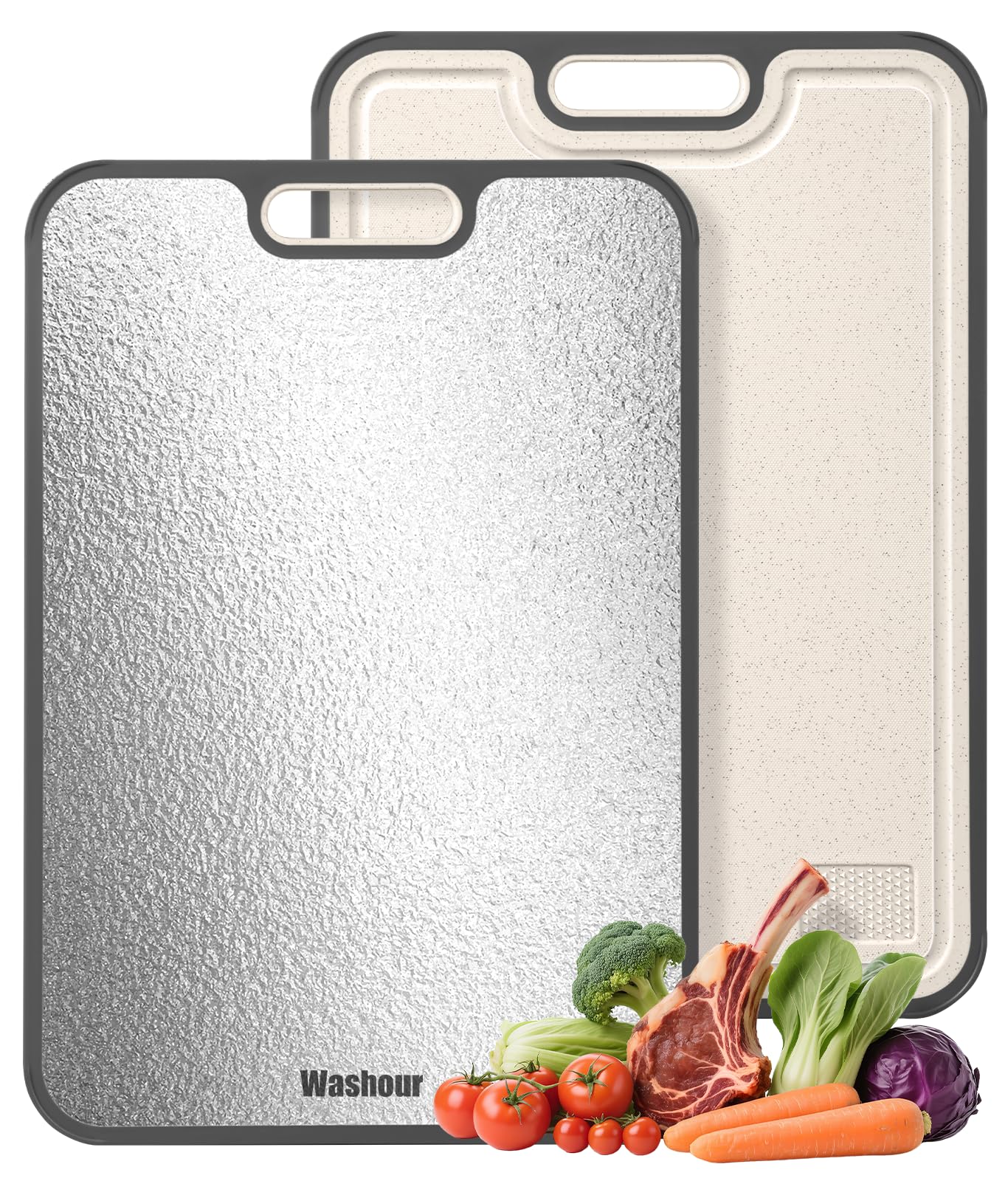 Washour stainless steel cutting board, top view, durable surface for heavy meat prep.