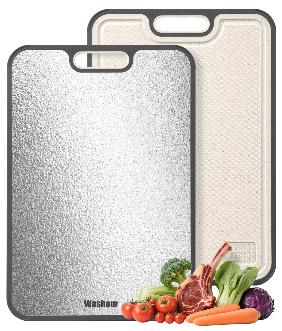 Washour stainless steel cutting board, top view, durable surface for heavy meat prep.