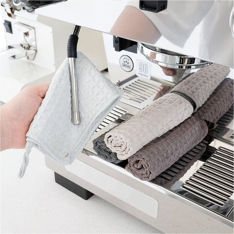 Watchget Barista microfiber waffle cloth cleans espresso machines without scratching stainless steel.