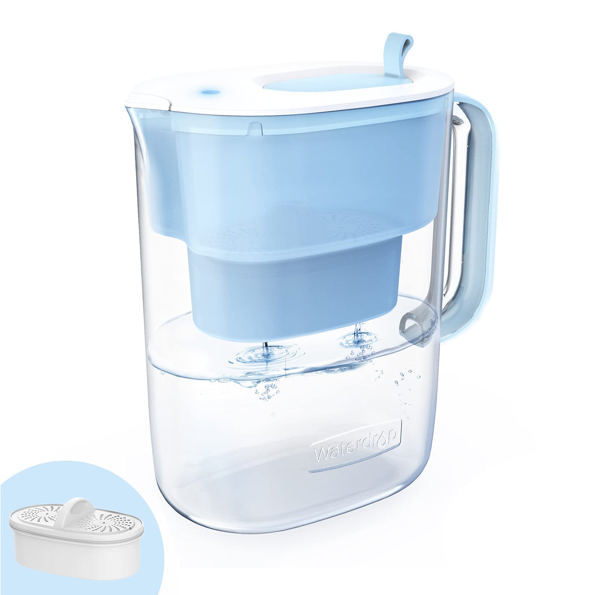 Waterdrop 200-gallon long-life pitcher shows ample capacity for daily use.