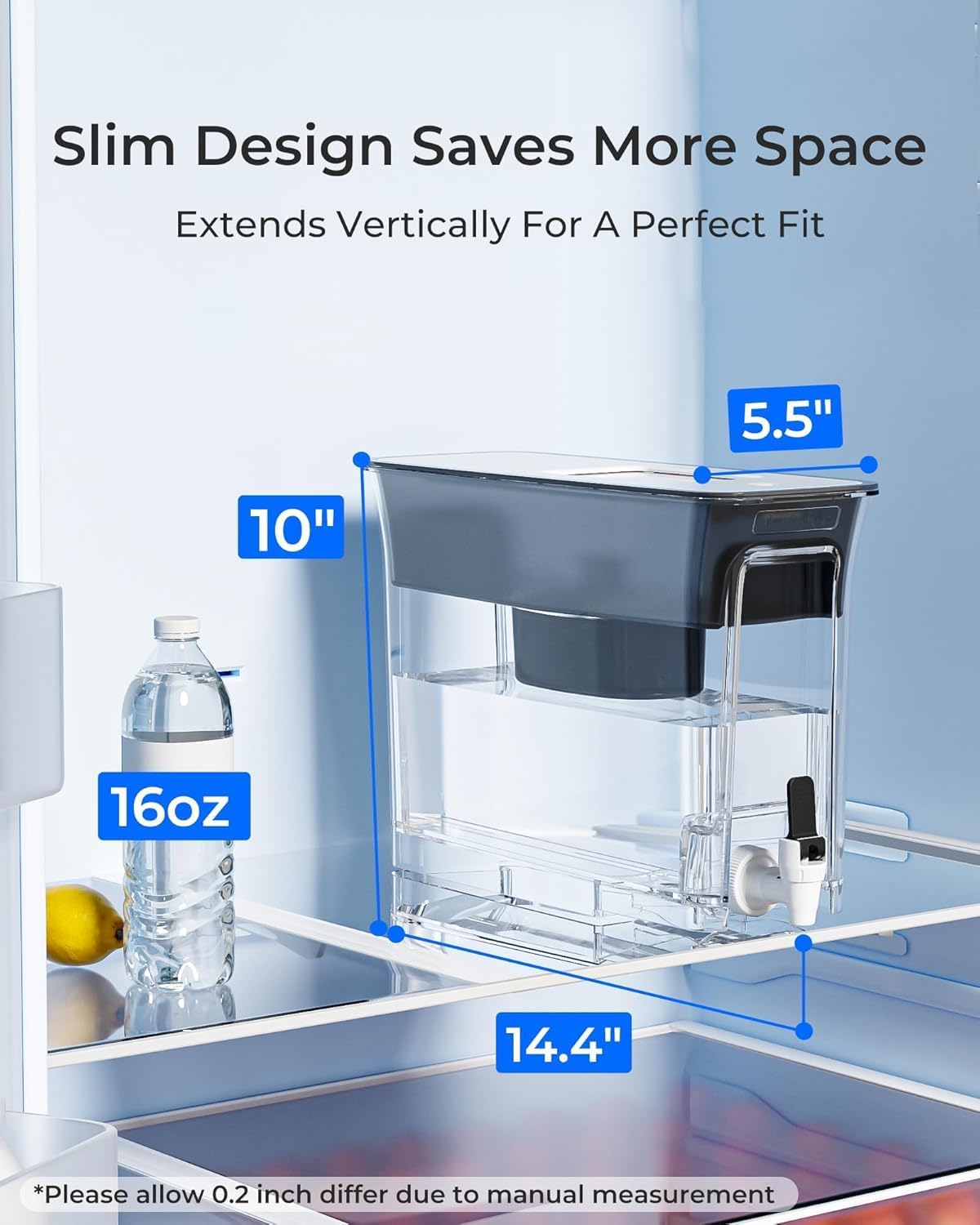 Waterdrop 35-Cup Slim Dispenser side view for easy fridge placement.