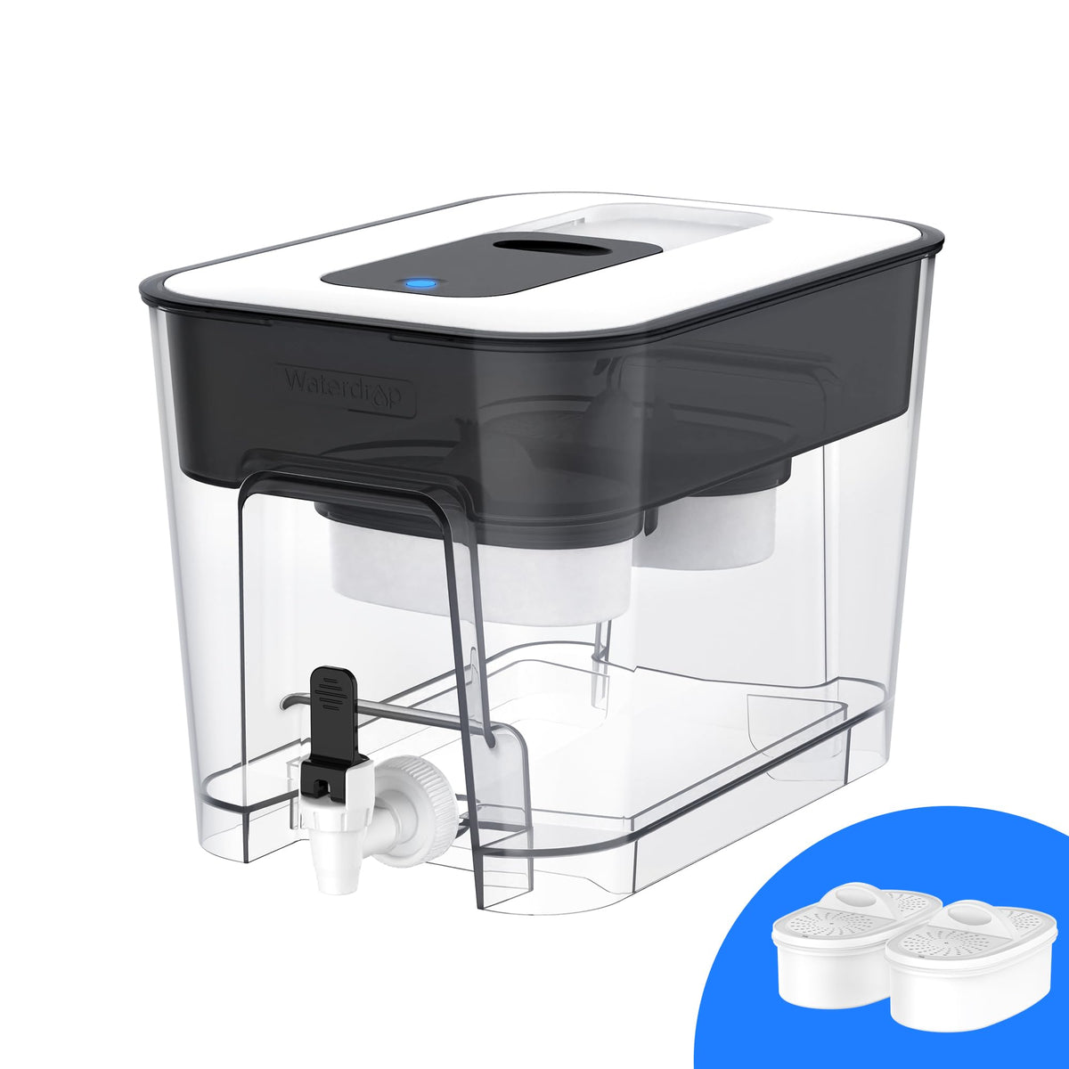 Waterdrop 40-cup dual-filter dispenser front view, sleek black design for home hydration.