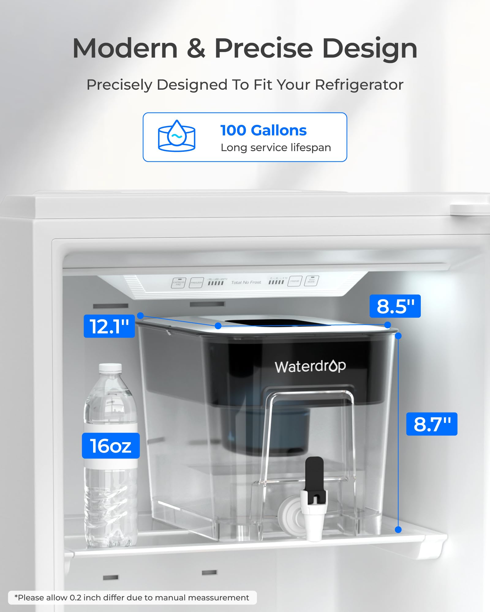 Waterdrop dispenser placed in fridge for cool, ready hydration.