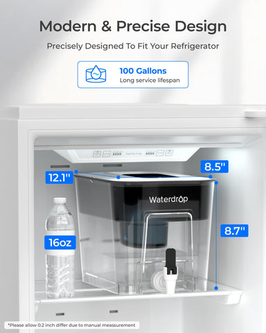 Waterdrop dispenser placed in fridge for cool, ready hydration.