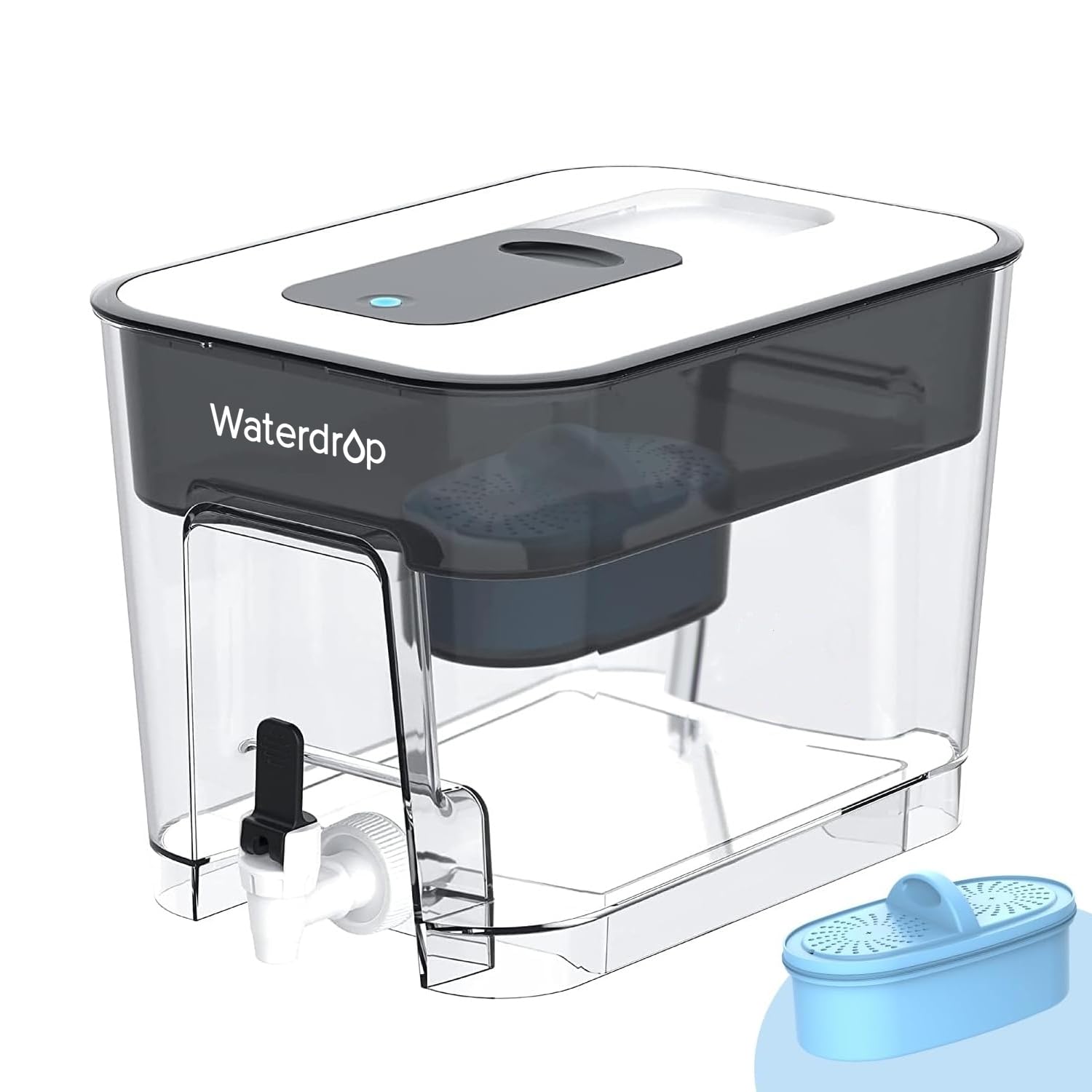 Waterdrop alkaline dispenser front view shows 40-cup capacity for family hydration.