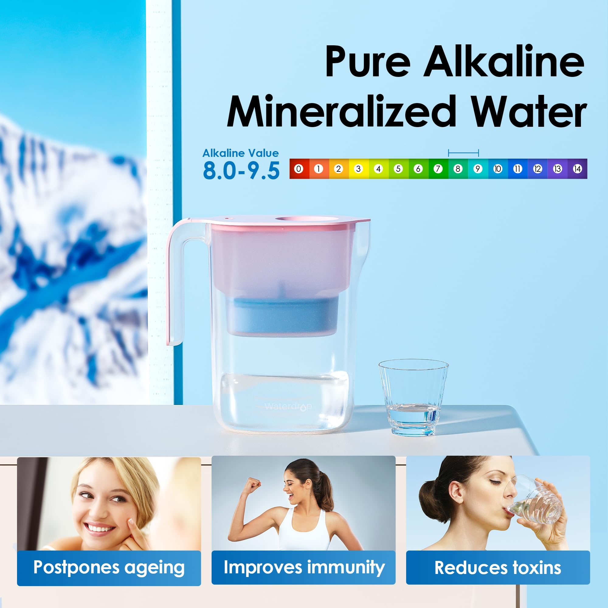 Waterdrop alkaline pitcher pink side handle highlights easy pouring.