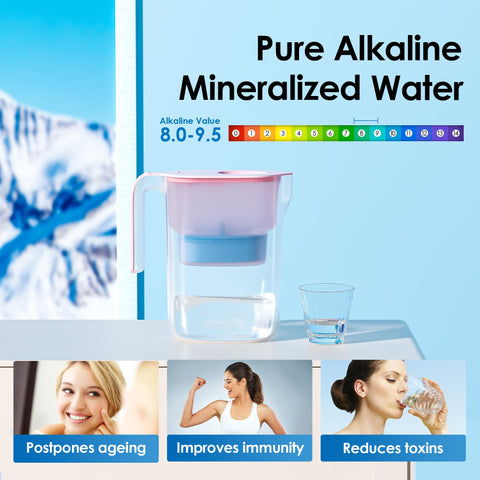 Waterdrop alkaline pitcher pink side handle highlights easy pouring.