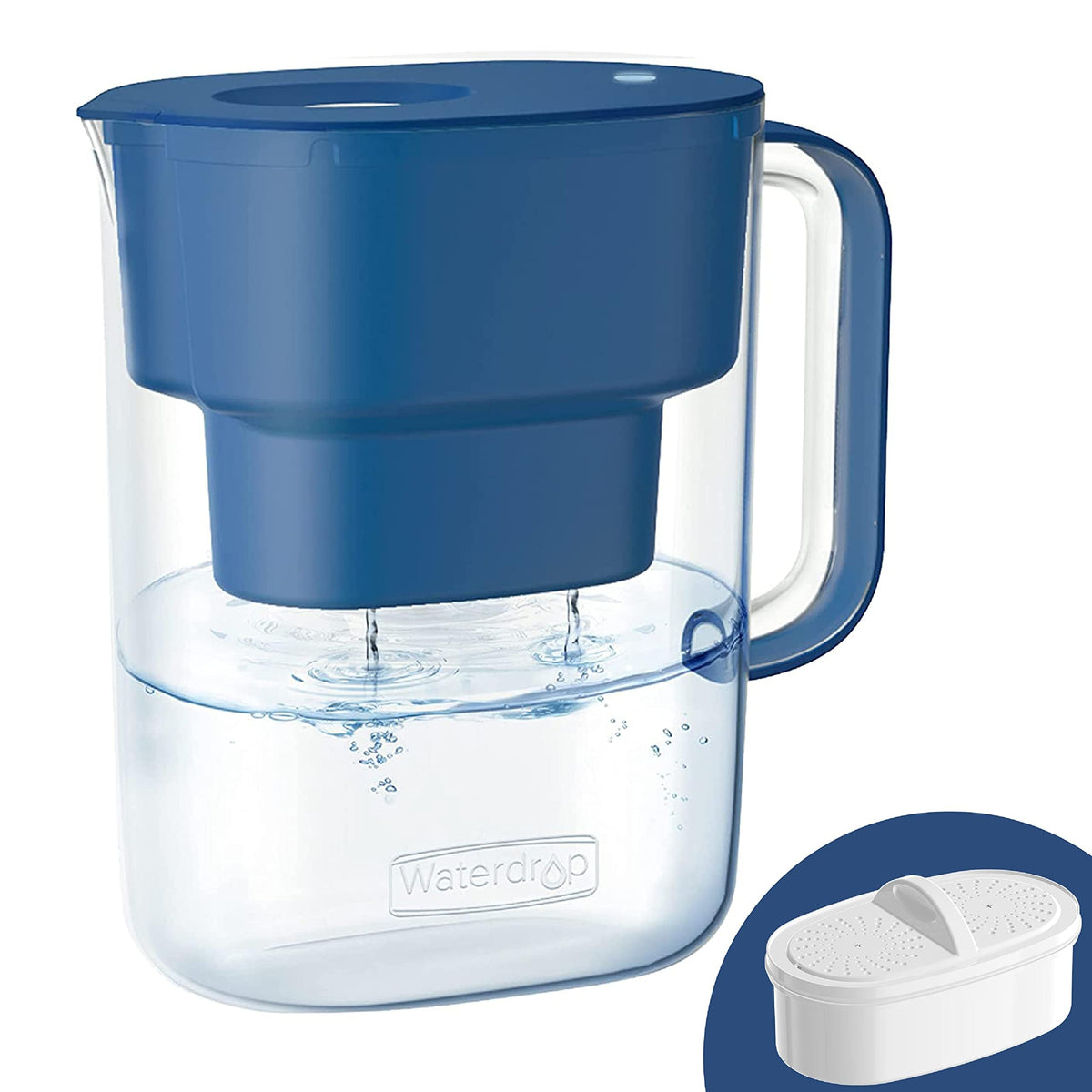 Waterdrop classic blue pitcher lid with hands-free dispensing for hygienic, easy pouring.