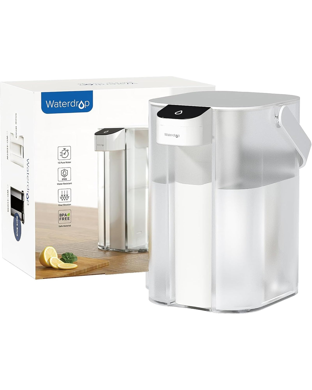 Waterdrop electric water filter pitcher front view for instant clean water.