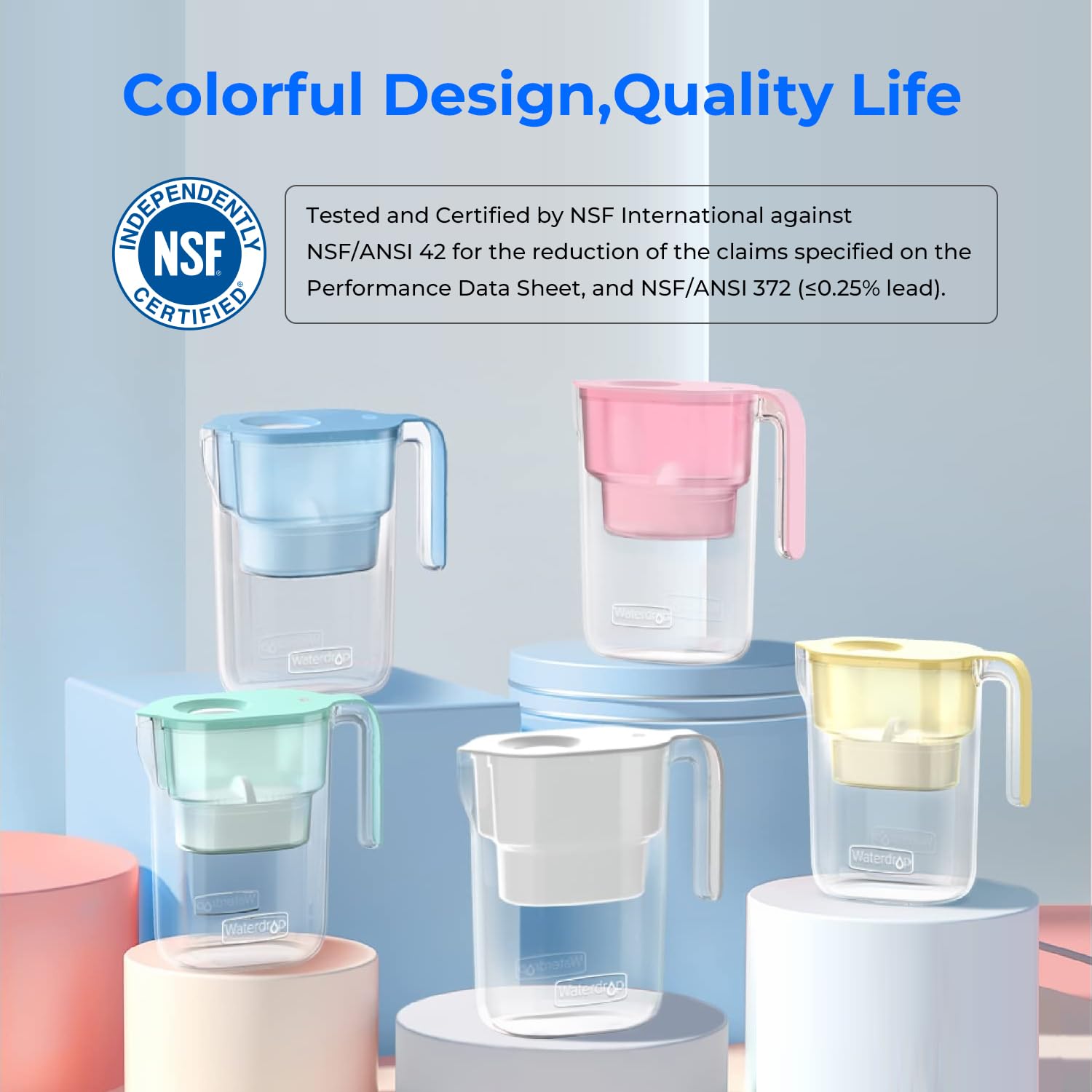 Waterdrop Elfin Blue pitcher shows filter indicator for replacement timing