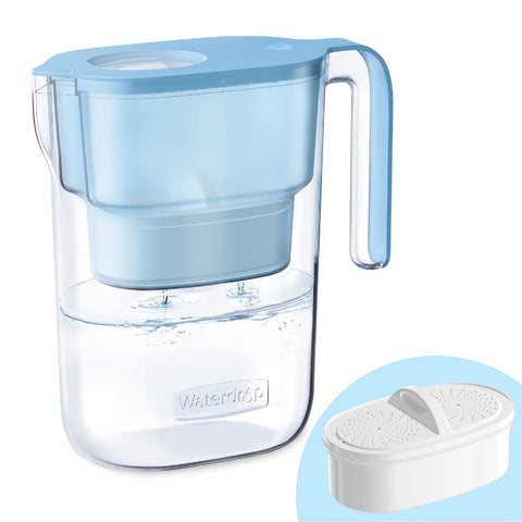 Waterdrop Elfin Blue pitcher in front view, compact fridge companion for fresh-tasting water