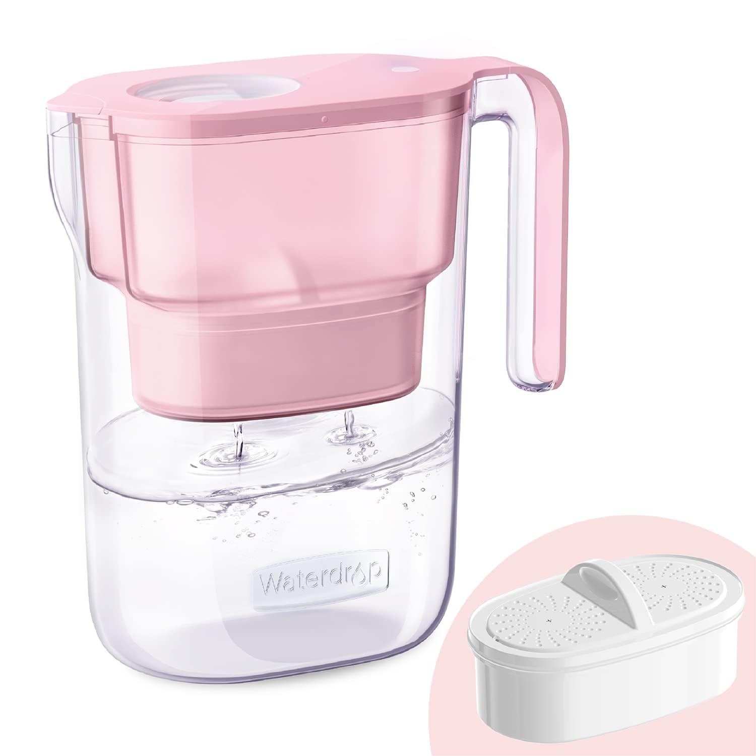 Waterdrop Elfin pink pitcher with lid for spill-free dispensing