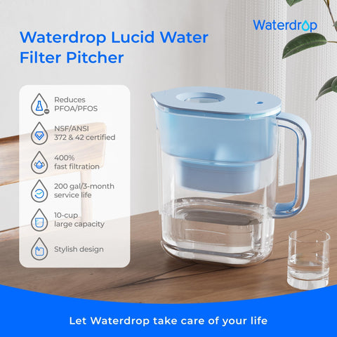 Waterdrop pitcher with automatic dispense spout for hygienic, convenient filling.