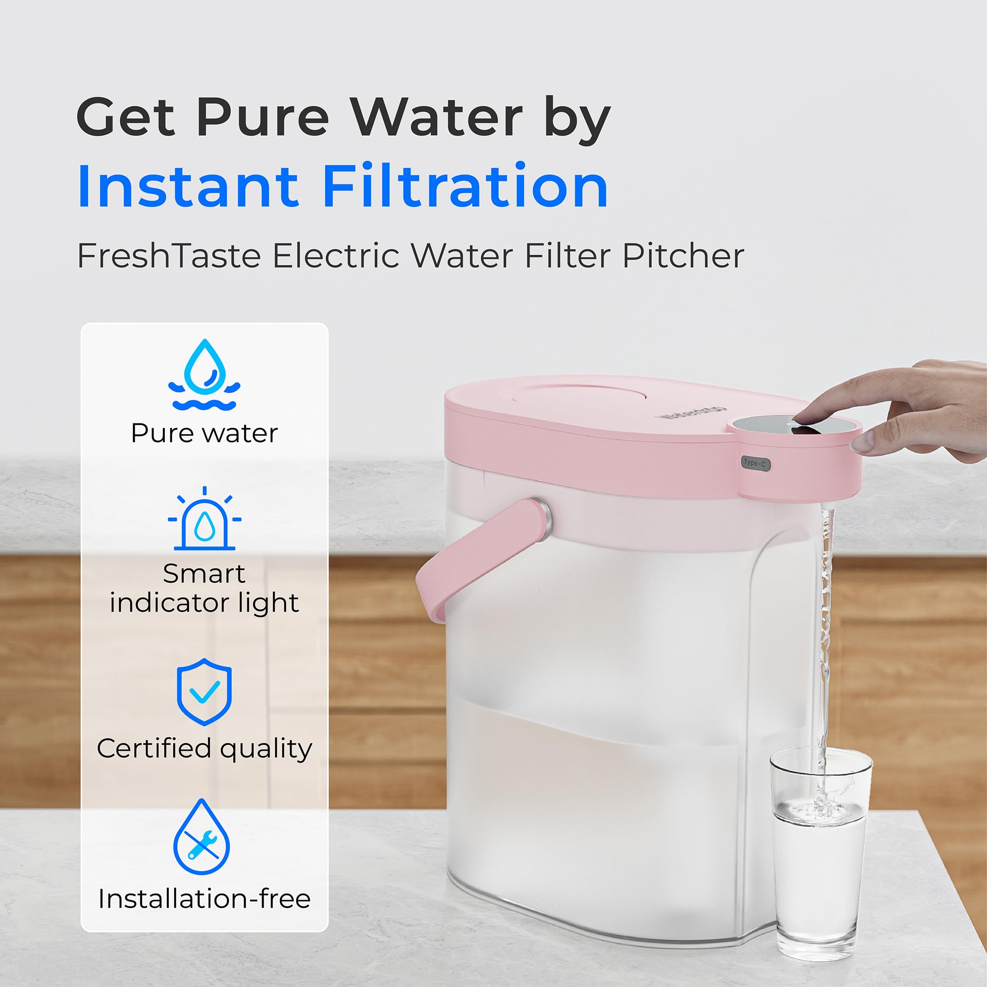 Waterdrop FreshTaste electric pitcher dispense button enables instant purified water on demand.