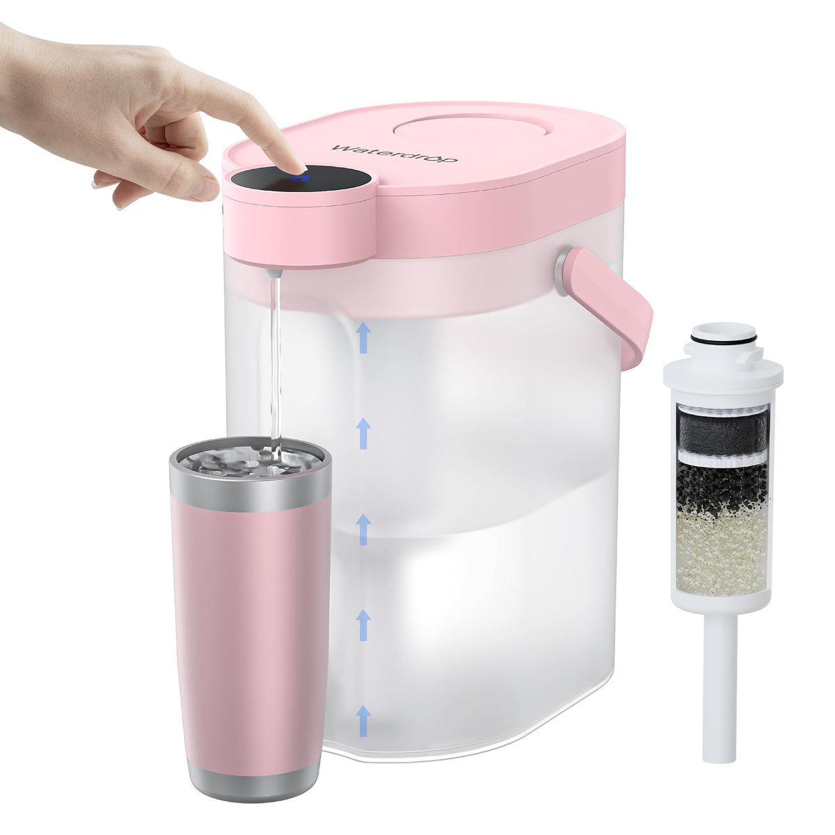 Waterdrop FreshTaste electric pitcher front view highlights compact pink design for everyday hydration.