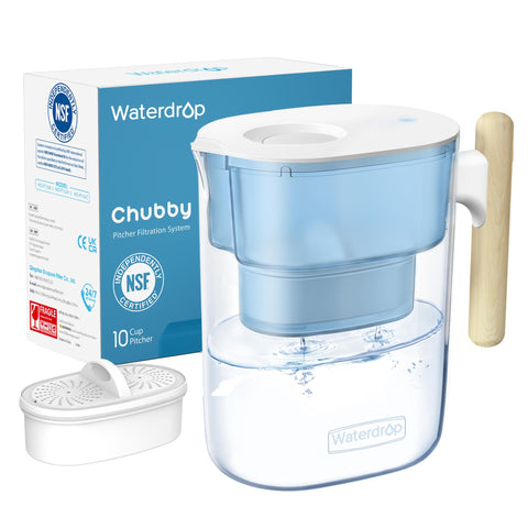 Waterdrop pitcher with hands-free spout lid for easy refills and dust resistance.