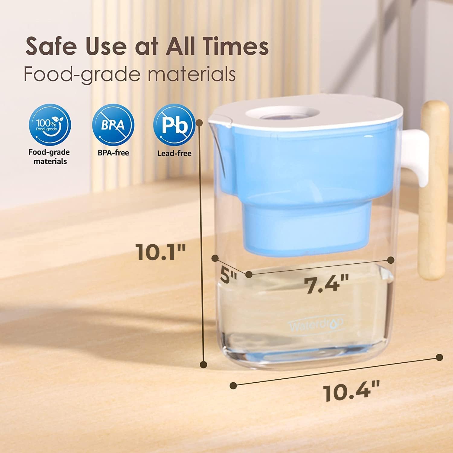 Waterdrop NSF-certified pitcher reduces chlorine and improves taste.