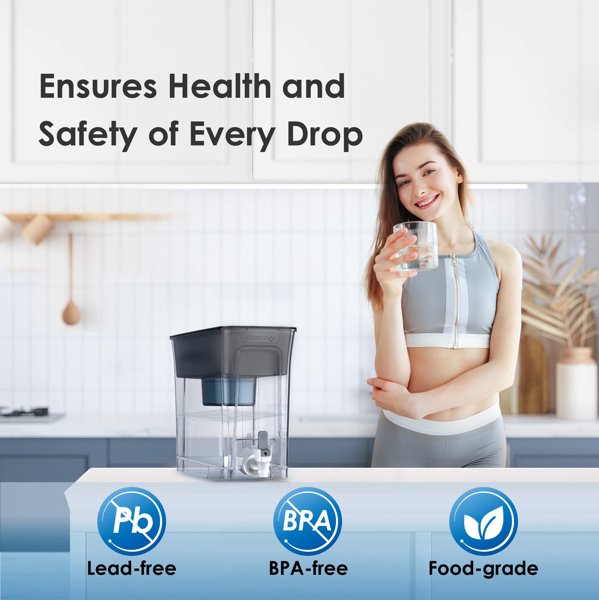 Waterdrop Slim Alkaline Dispenser highlights a 100-gallon lifespan for planning filters.