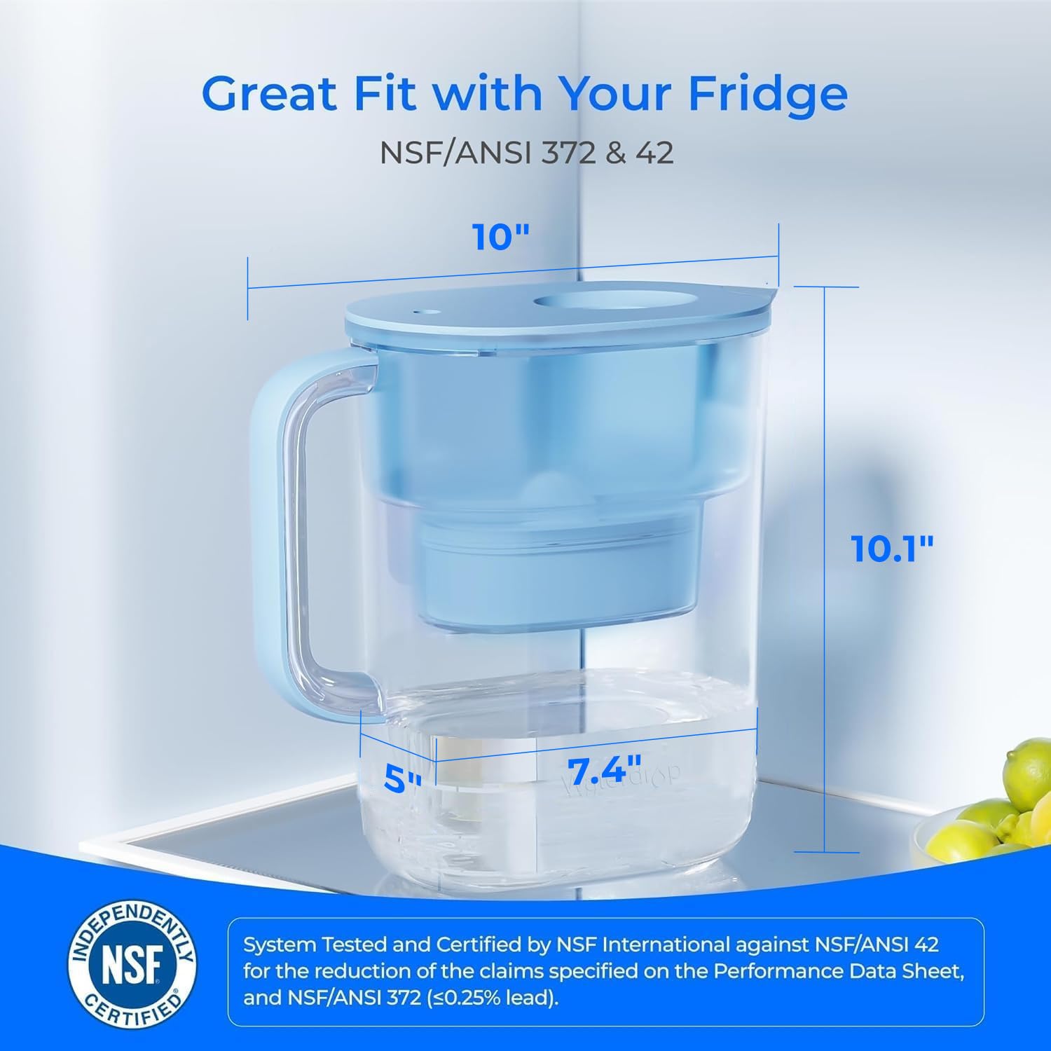 Waterdrop pitcher blue compact size fits most refrigerators in kitchens