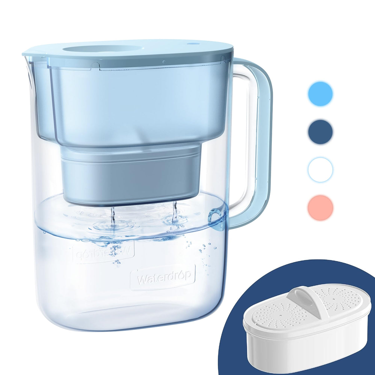 Waterdrop pitcher blue front view shows compact design for fridge use