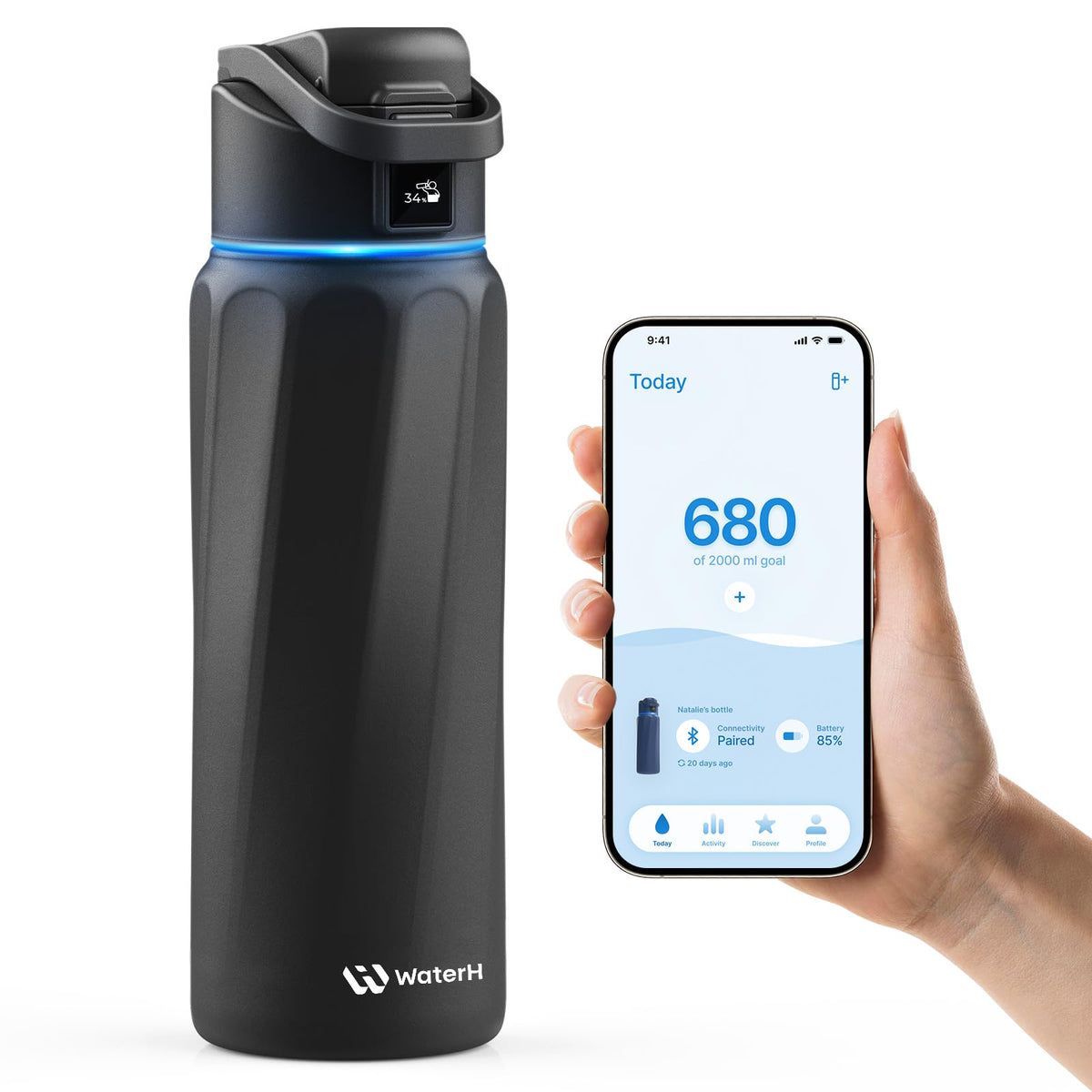 WATERH BOOST bottle cap with LED display for quick hydration progress tracking.