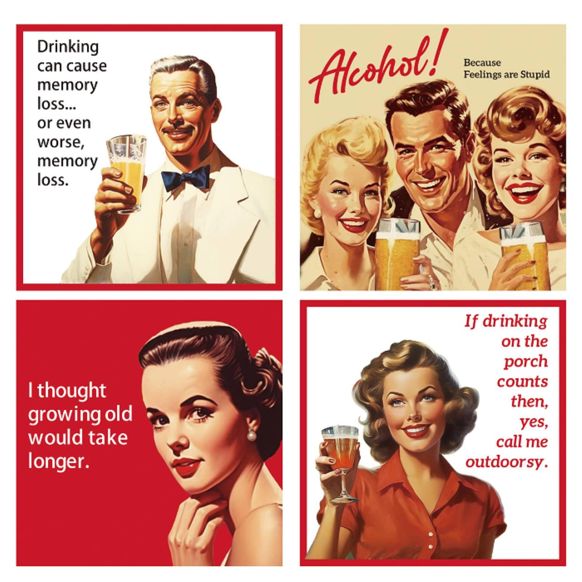 Watersay funny cocktail napkins pack in retro red designs for festive gatherings.